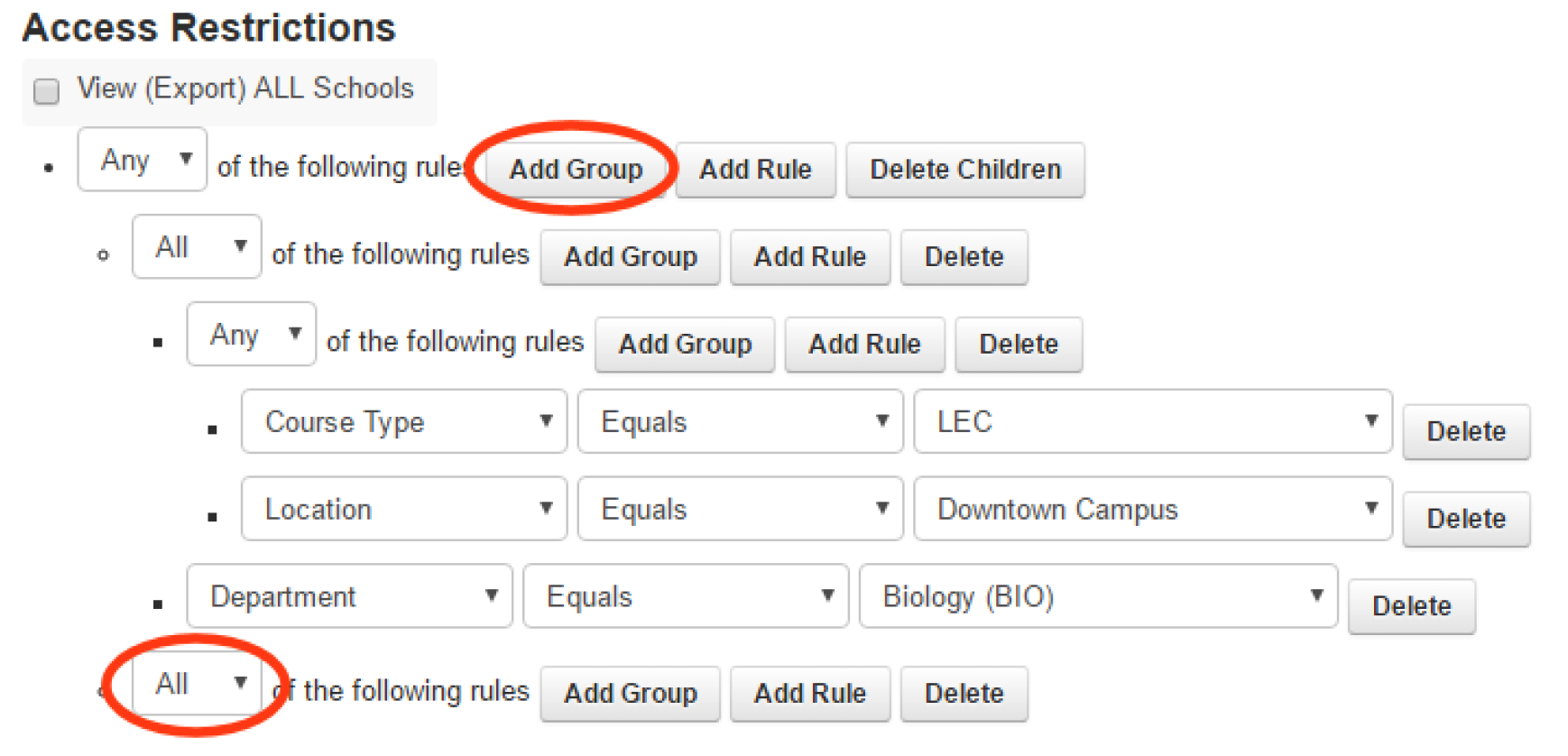 Add group button. Any dropdown selection.