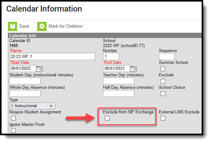 Image of Calendar Information tool with Exclude From SIF checkbox highlighted