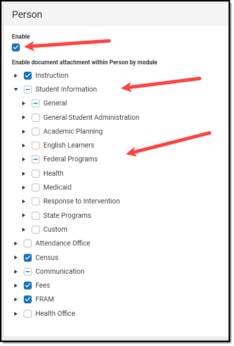 Screenshot of Person preferences with a callouts on the Enable and Enable documents for Person by module.