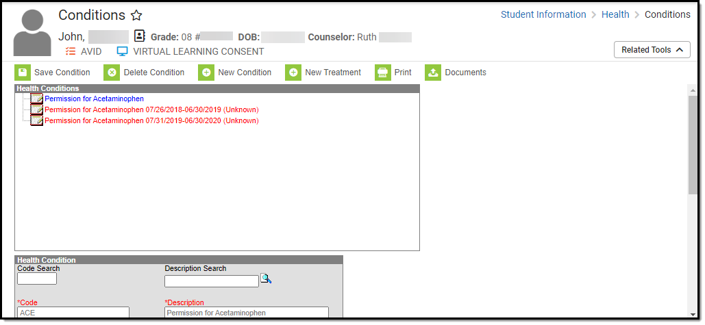 Screenshot of the Student Health Conditions tool.