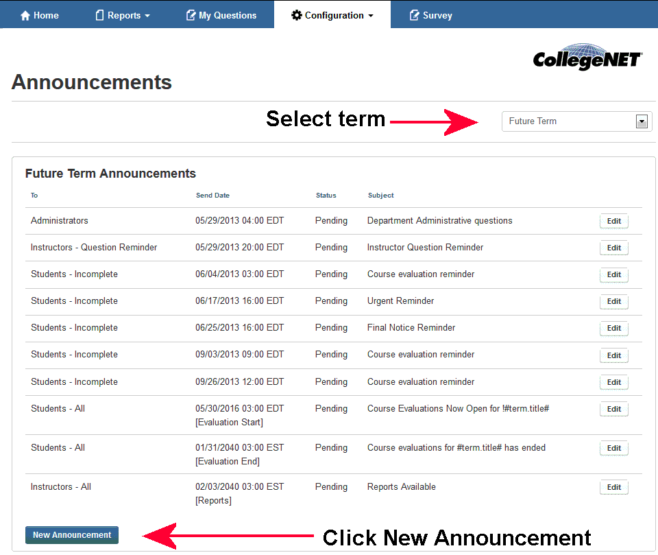 Announcement list with a term dropdown in the upper-right and a new announcement button in the lower-left