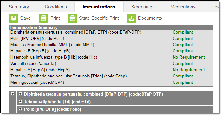 Screenshot of the student immunizations tool.