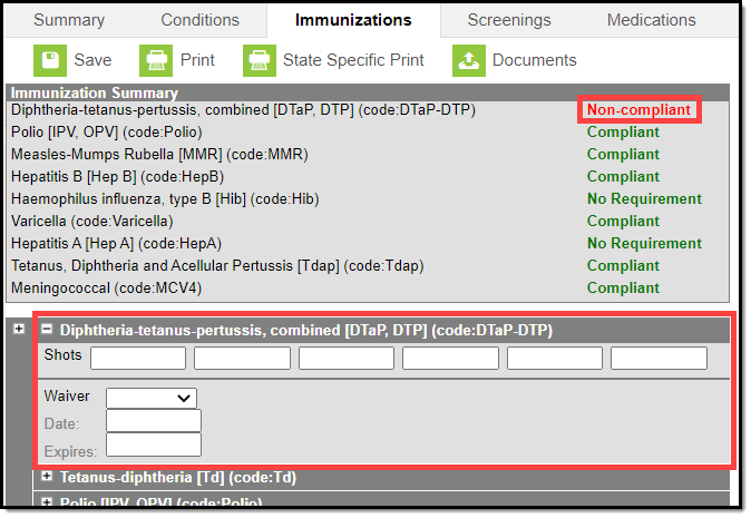 Screenshot of the the immunization summary highlighting a non-compliant vaccine example.