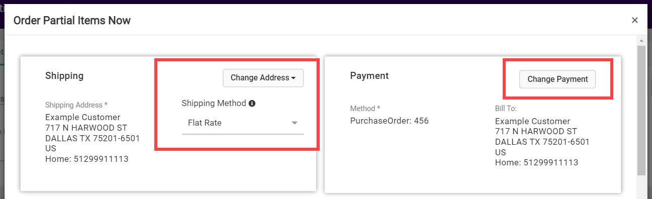 The Shipping and Payment windows of the Order Partial Items Now modal