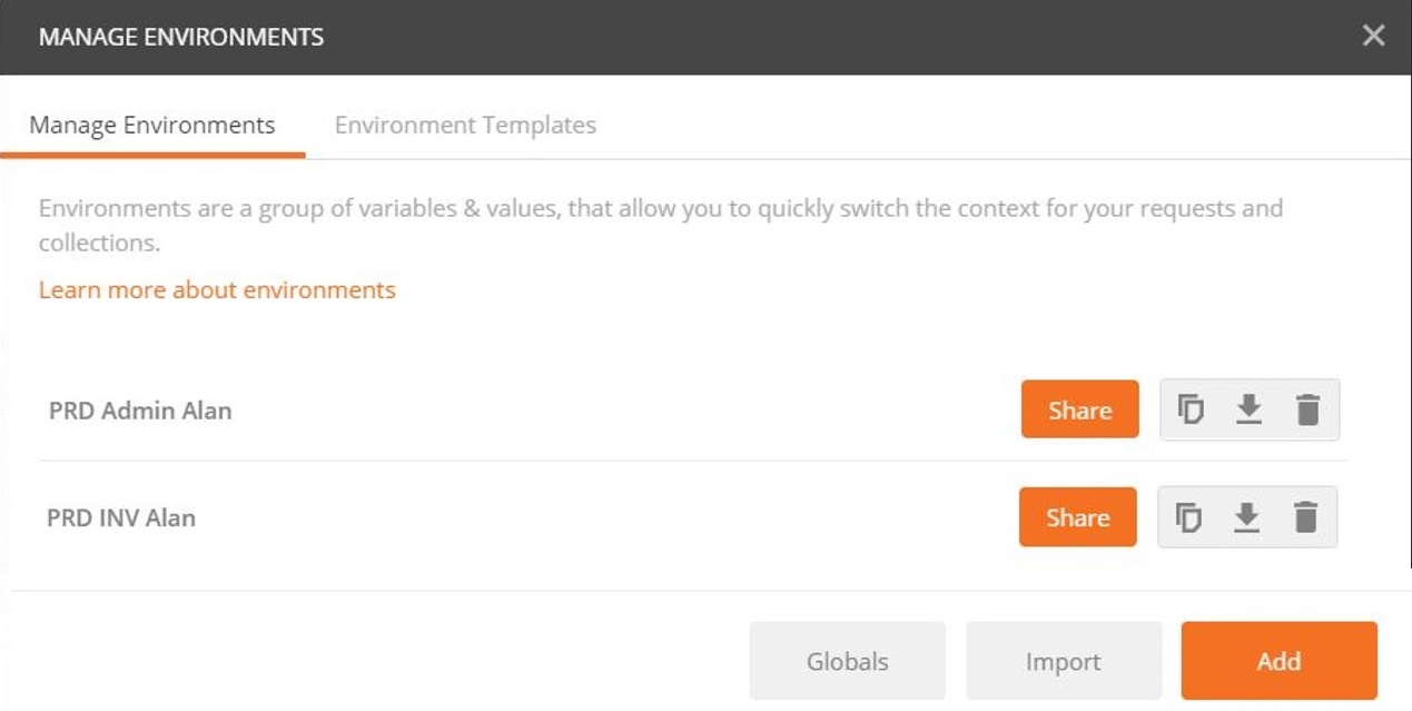 The Manage Environments tab in Postman