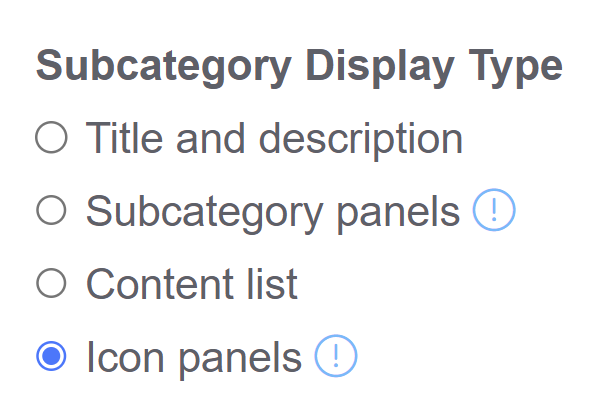 Screenshot of the Subcategory Display Type menu