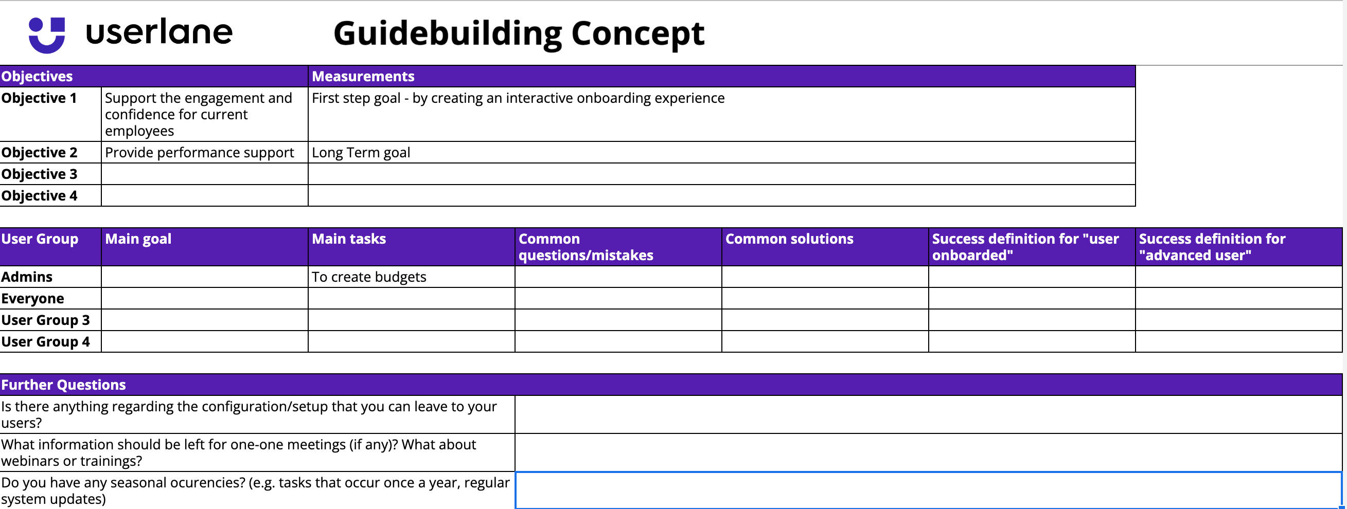 example of guidebuilding concept spreadsheet