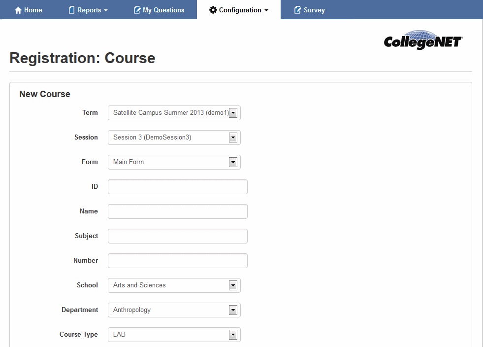 New Course form on the Registration: Course page 
