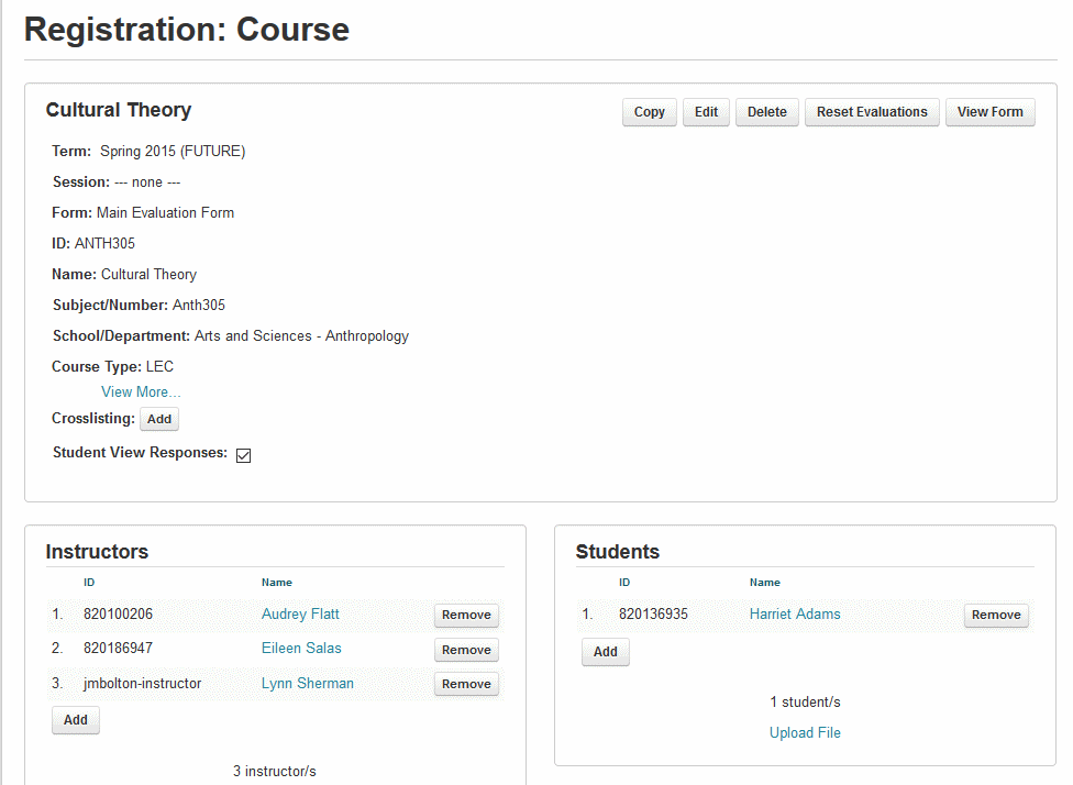 Main Registration: Course page