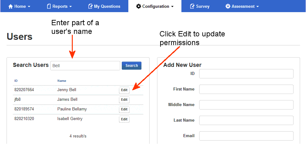 users search box and edit buttons