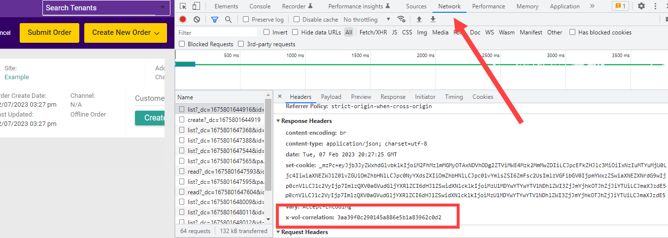 The Network tab of Chrome dev tools with a callout for the Correlation ID
