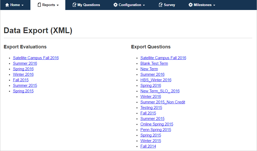 Data export (xml) page