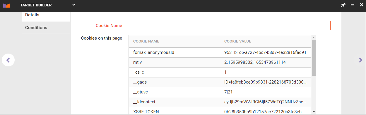 The Details tab for the cookie-based On-Site Identifier target type in Target Builder