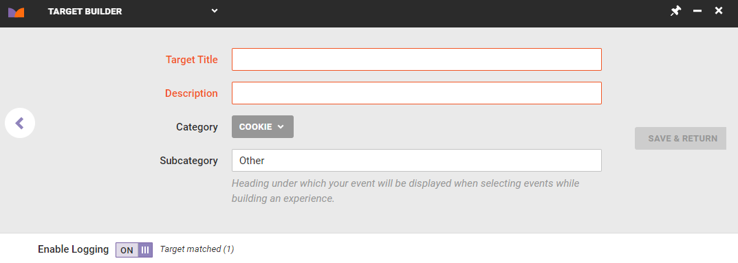 The Target Title and the Description fields for a cookie value–based ID Collector built in Target Builder
