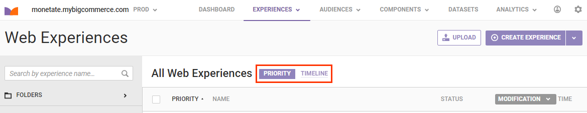 Callout of the PRIORITY and TIMELINE buttons on the Web Experiences list page