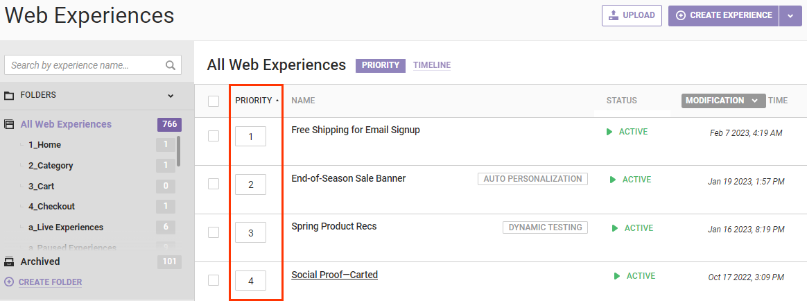 Callout of the PRIORITY column on the Web Experiences list page