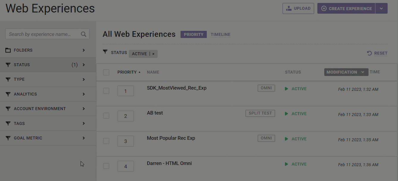 Animated demonstration of a user reordering the priority of Web experiences by dragging one to a higher position on the Web Experiences list page