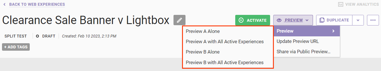 Callout of the 'Preview A Alone,' 'Preview A with All Active Experiences,' 'Preview B Alone,' and 'Preview B with All Active Experiences' options in the flyout menu of the PREVIEW button