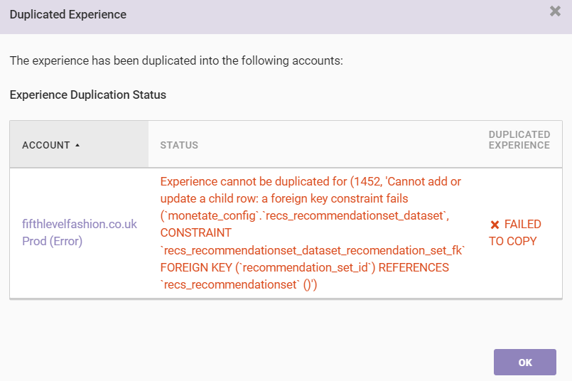 Example of an error message in the Duplicated Experience modal