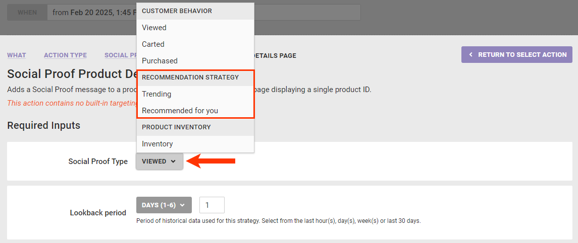 Callout of the RECOMMENDATION STRATEGY category and the options within it in the Social Proof Type selector