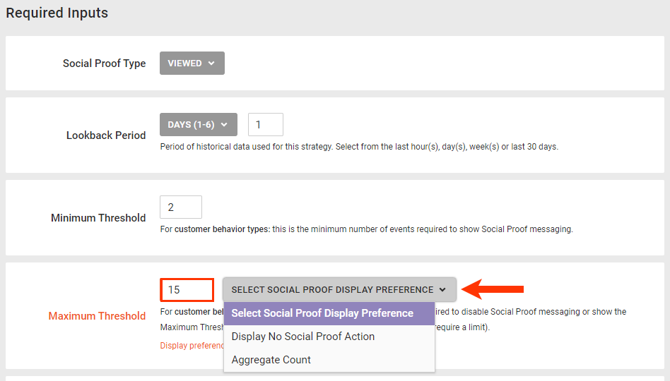 Callout of the Maximum Threshold field and Social Proof Display Preference selector