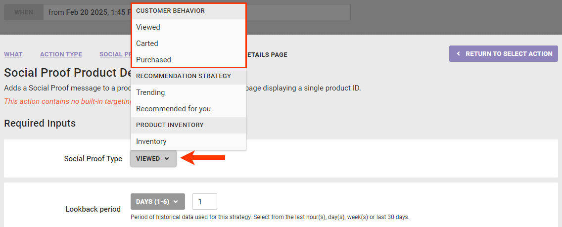 Callout of the CUSTOMER BEHAVIOR category within the Social Proof Type selector