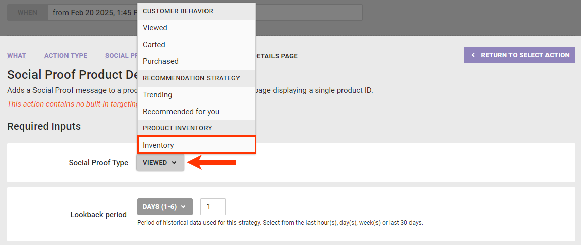 Callout of the Inventory option in the Social Proof Type selector