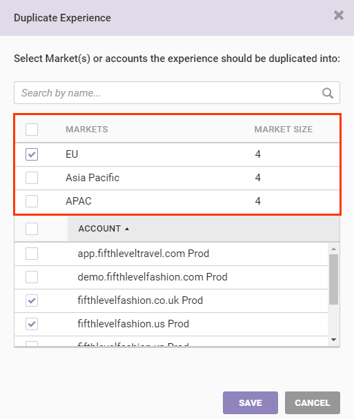 Callout of the market listing on the Duplicate Experience modal