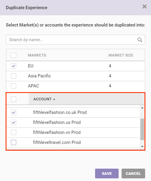 Callout of the account listing on the Duplicate Experience modal