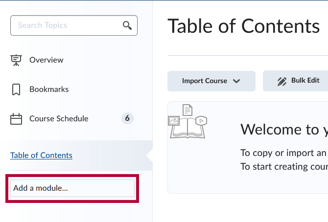 Identifies the Add a module option in the Table of Contents