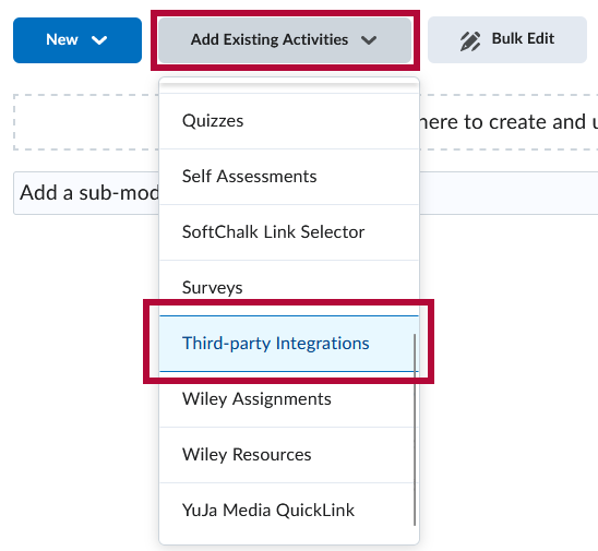 Identifies the Third-party Integrations option under Add Existing Activities button.
