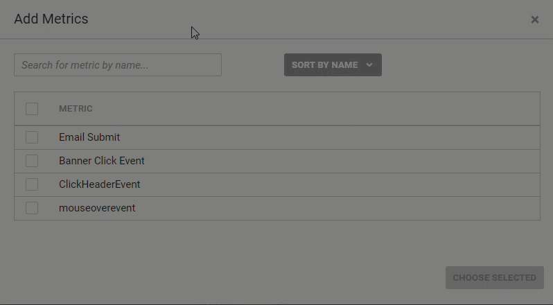 Animated demonstration of a user selecting two custom metrics in the Add Metrics modal and then clicking the CHOOSE SELECTED button