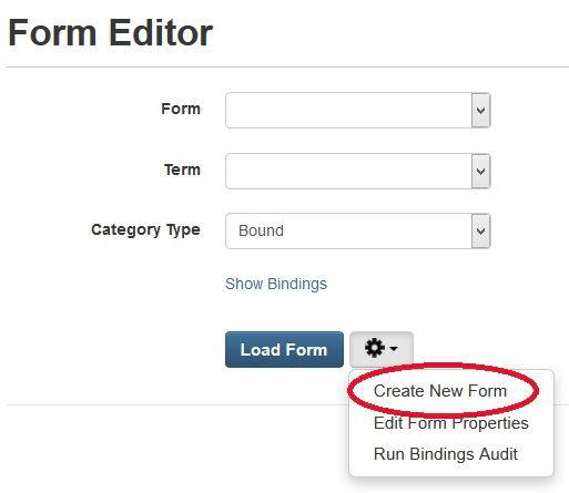 Create new form option in the settings dropdown