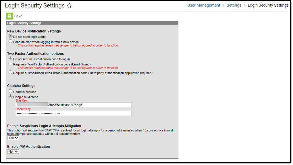 screenshot of the login security settings tool