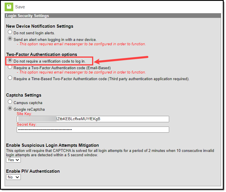 screenshot of marking the do not require a verification code to log in setting