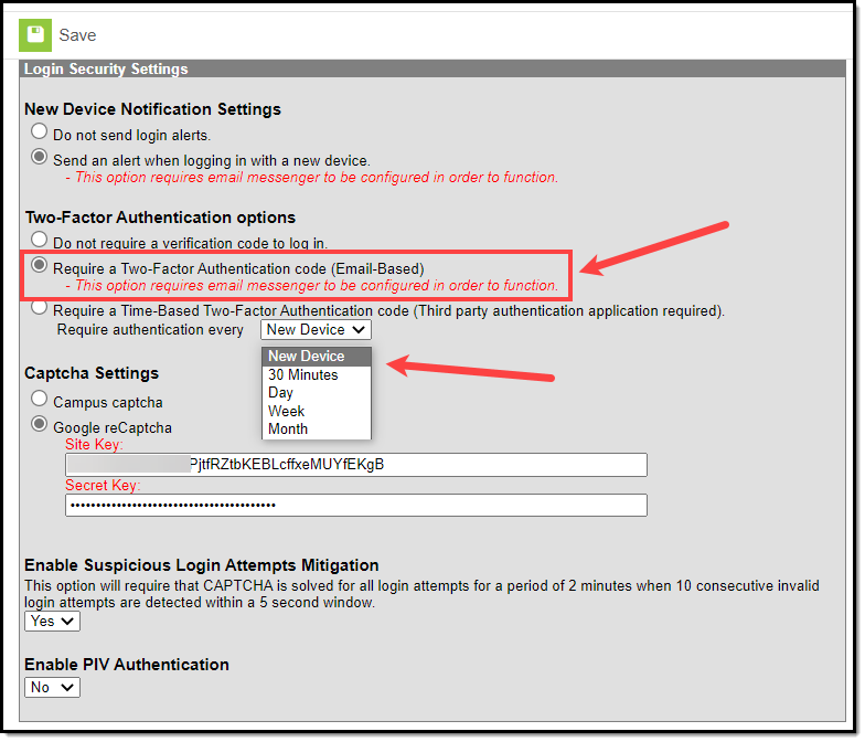 screenshot of selecting the require a two factor authentication code setting