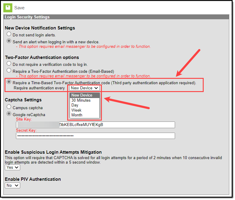 screenshot of selecting the require a time based two factor authentication code setting