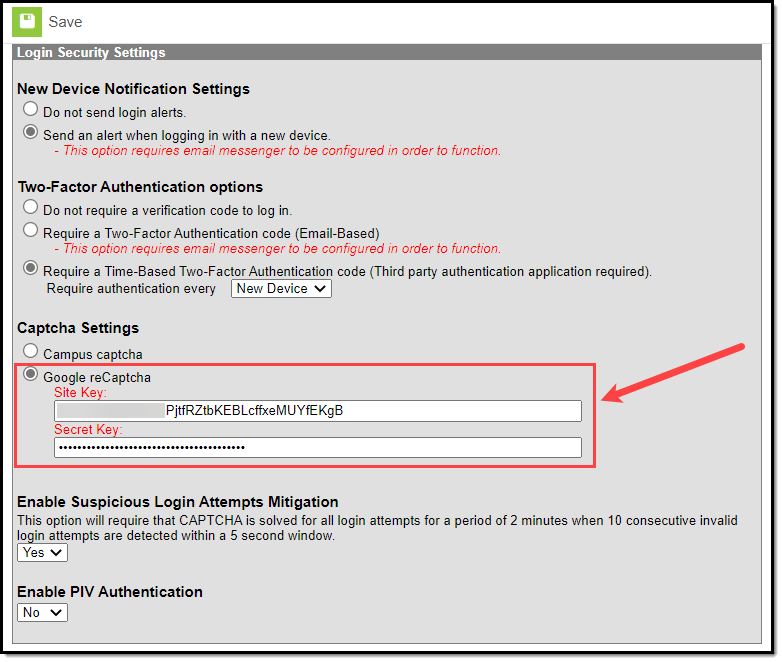 screenshot of entering google recaptcha site key and security key information