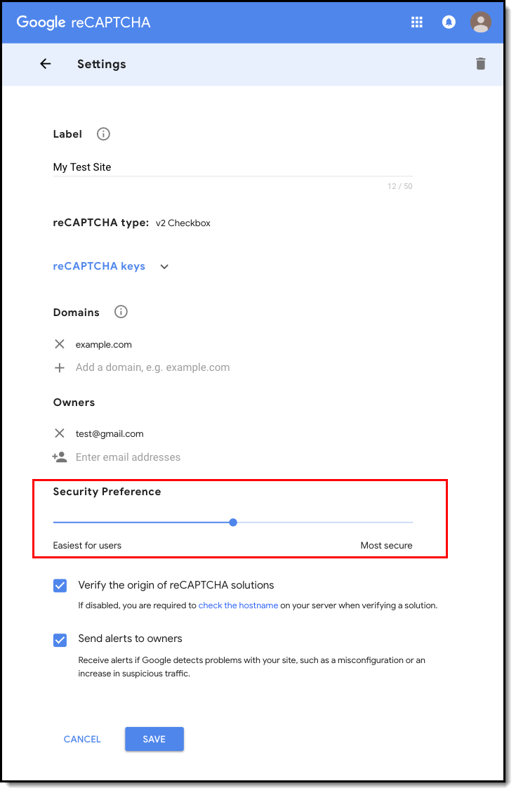 screenshot of the security preferences option within google recaptcha settings