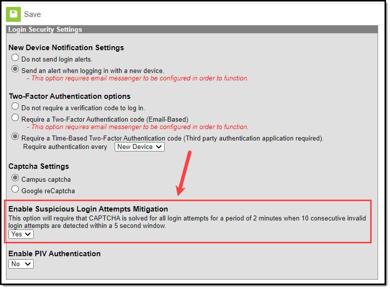 screenshot of the enable suspicious login attempts mitigation option selected