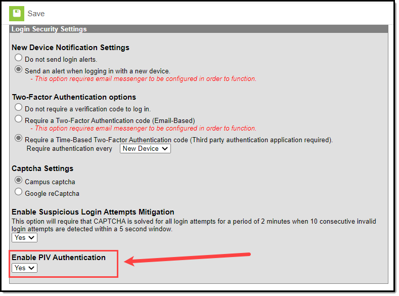 screenshot of the enable PIV authentication option highlighted and set to yes