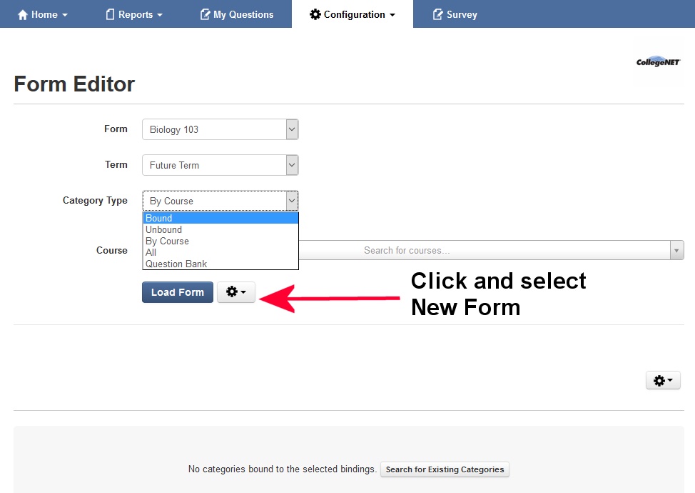 settings (gear) dropdown on the form editor page