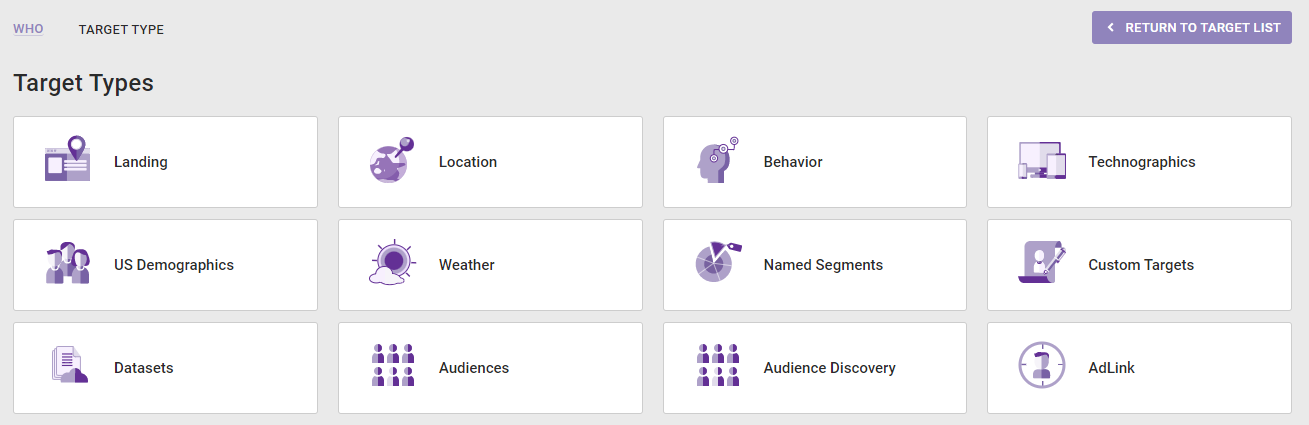 Example of the Target Types panel of the WHO settings of an Omnichannel experience