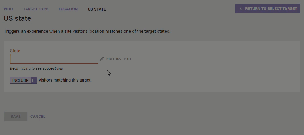 Animated demonstration of a user configuring a 'US state' target with Oregon and Washington