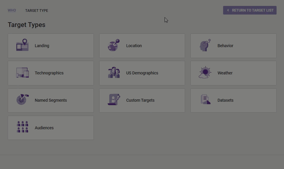 Animated demonstration of a user clicking the 'Named Segments' option on the Target Type panel and then viewing the list of Named Segments options