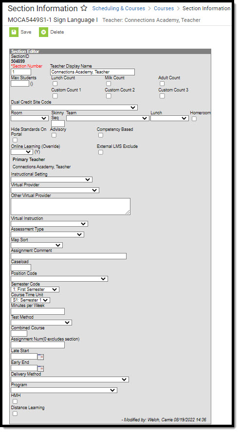 Screenshot of the section information editor.