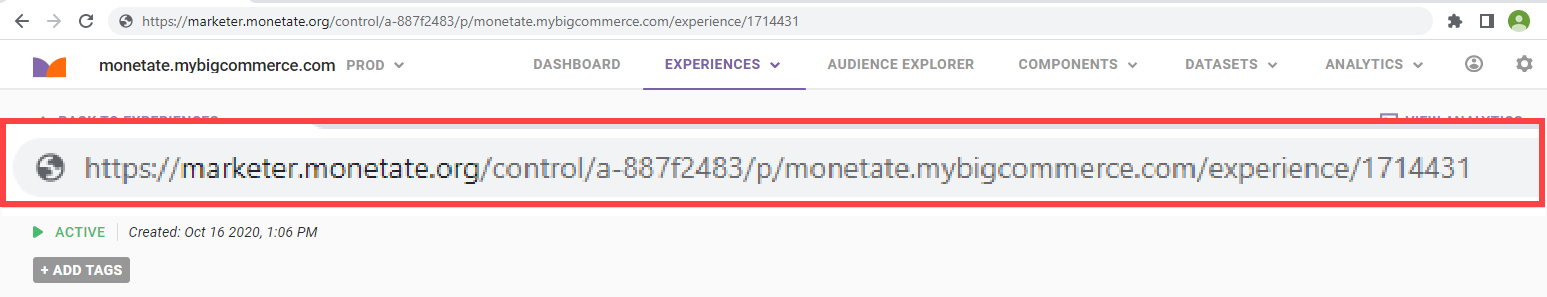 Screenshot of the Monetate experience with a zoomed in portion of the URL and Personalization Experience Identifier