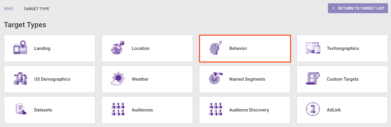 Callout of the Behavior option on the Target Type panel