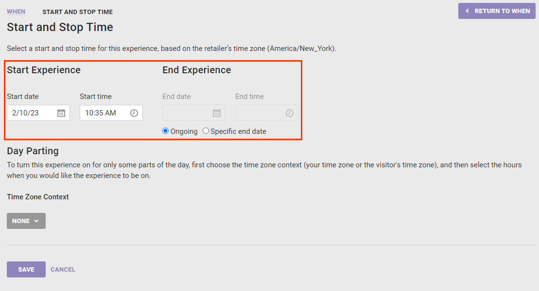 Callout of the Start Experience and End Experience settings on the Start and Stop Time panel of the WHEN settings