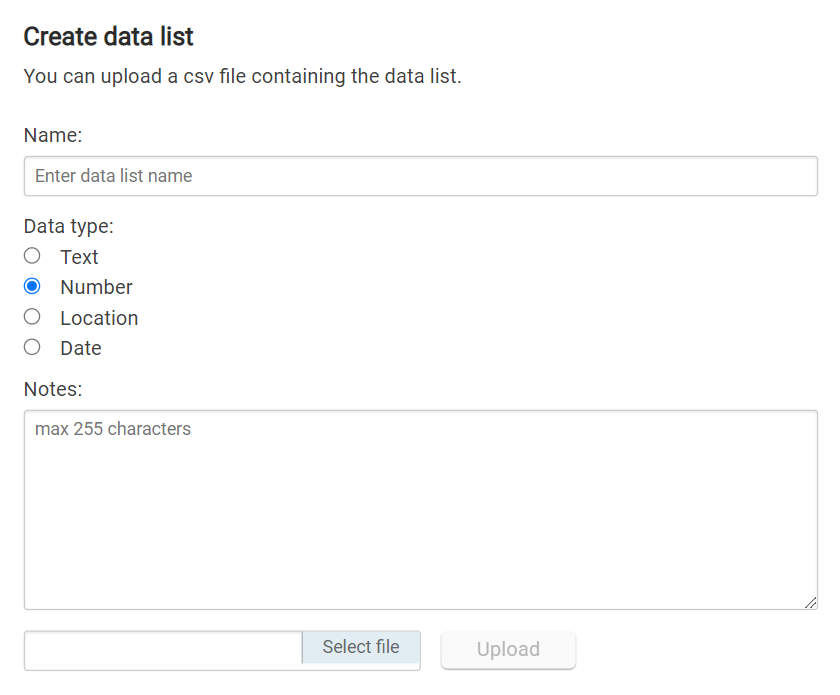 The Create Data List form 